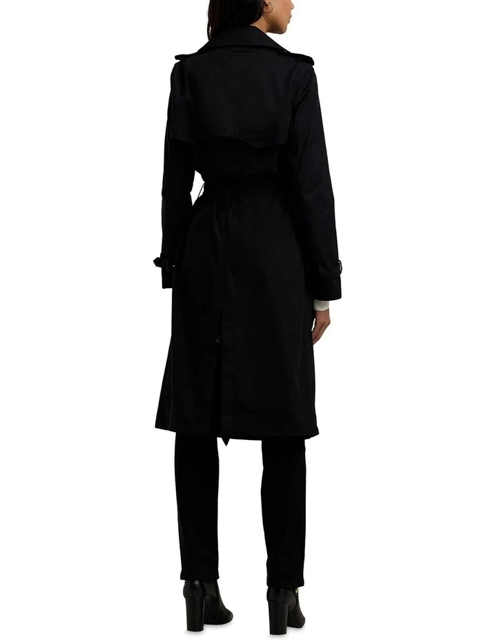 Water-Repellent Belted Twill Trench Coat in Black image 2
