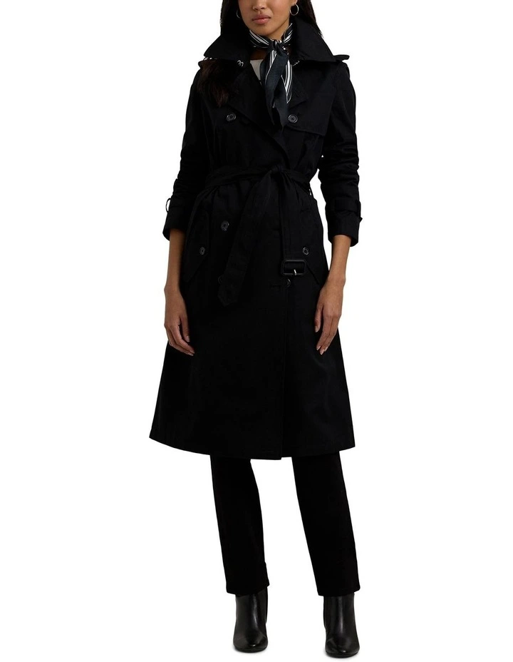 Water-Repellent Belted Twill Trench Coat in Black image 3