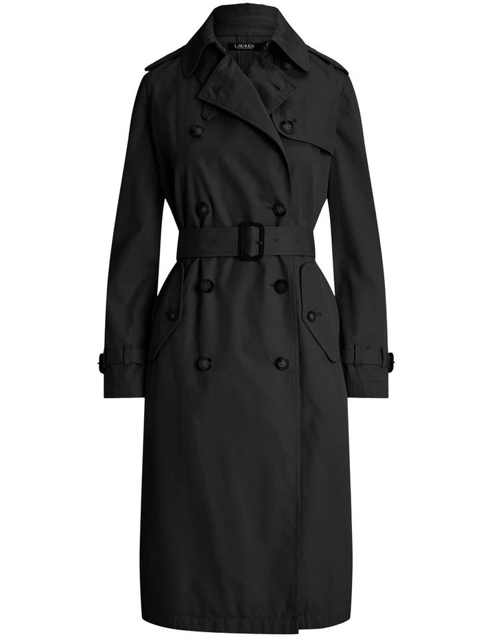 Water-Repellent Belted Twill Trench Coat in Black image 4