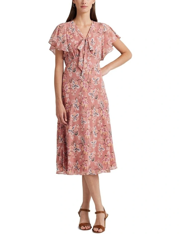 Floral Crinkle Georgette Tie-Neck Dress in Pink image 3