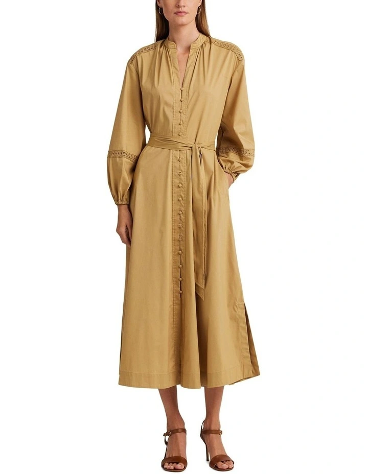 Lace-Trim Belted Cotton Shirtdress in Brown image 1