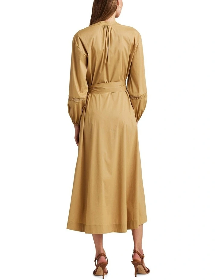 Lace-Trim Belted Cotton Shirtdress in Brown image 2