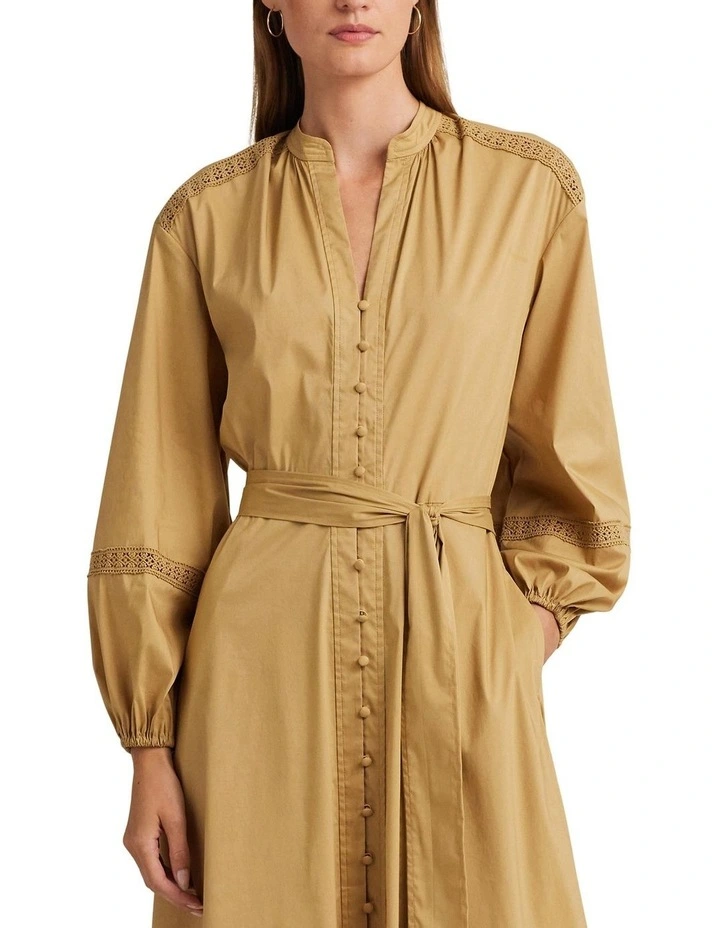 Lace-Trim Belted Cotton Shirtdress in Brown image 3