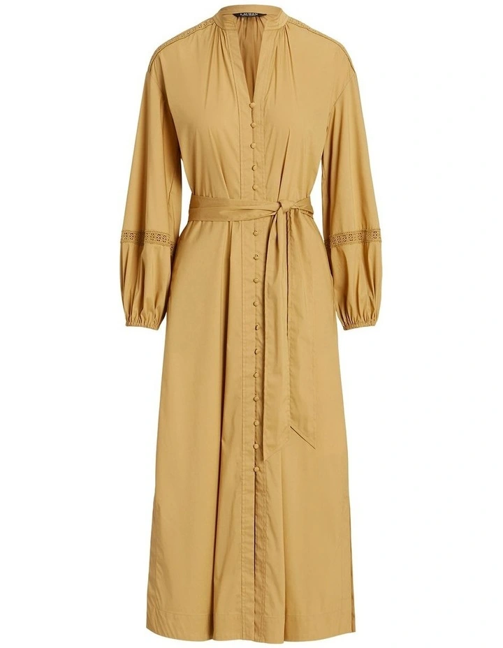 Lace-Trim Belted Cotton Shirtdress in Brown image 4