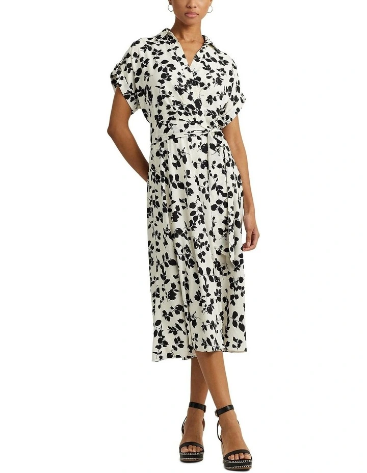 Leaf-Print Belted Crepe Dress in Natural image 1