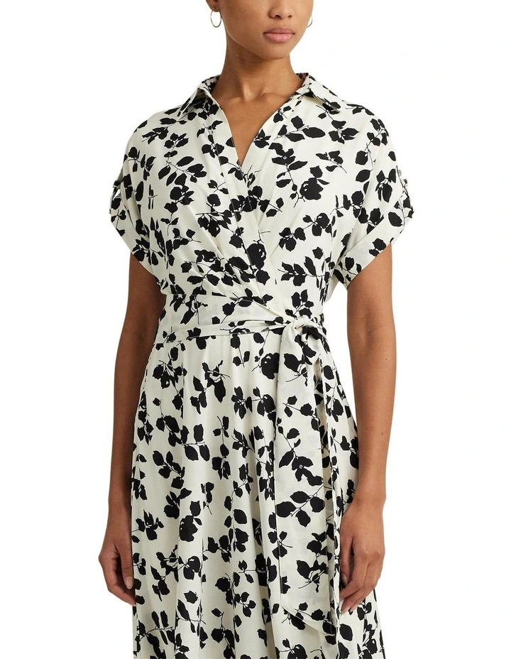 Leaf-Print Belted Crepe Dress in Natural image 3