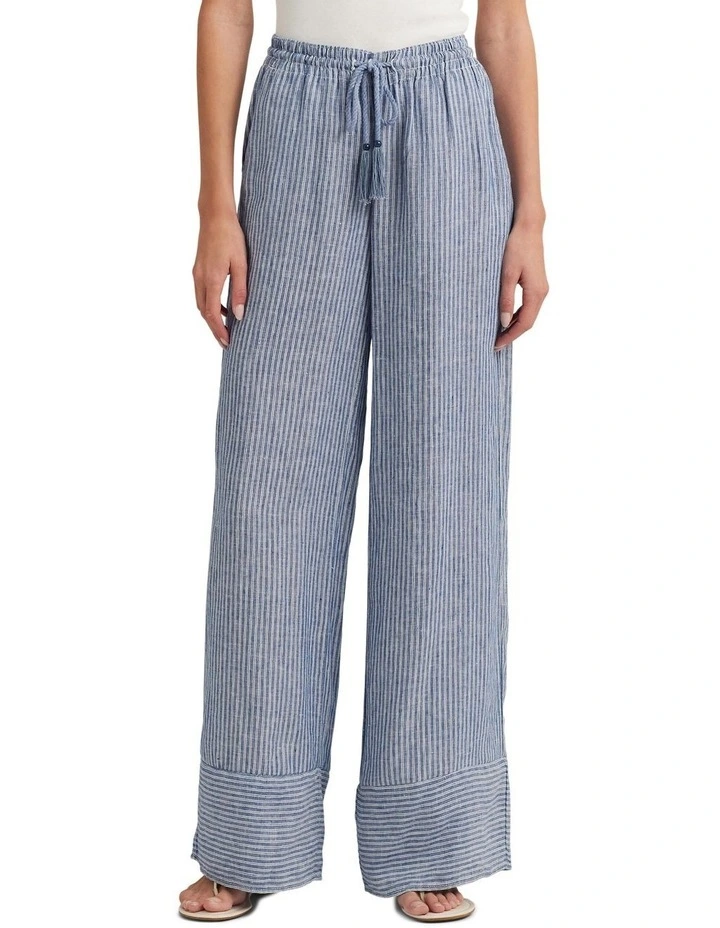 Pinstripe Linen Wide-Leg Pant in Blue image 1