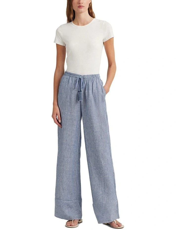 Pinstripe Linen Wide-Leg Pant in Blue image 3