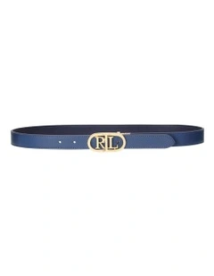 Oval Logo Reversible Leather Skinny Belt in Navy