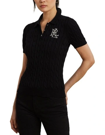 Cable-Knit Cotton Polo Sweater in Black