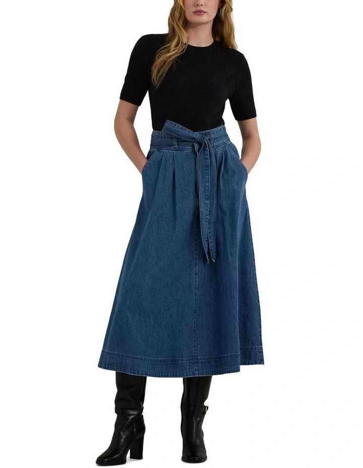 Belted Denim Midi Skirt in Blue image 3