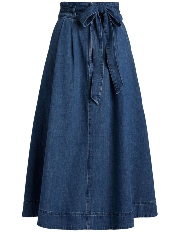 Belted Denim Midi Skirt in Blue image 4