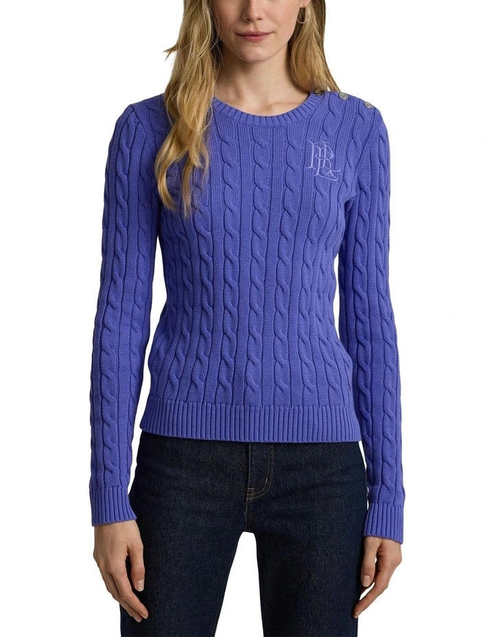 Button-Trim Cable-Knit Cotton Sweater in Purple image 1