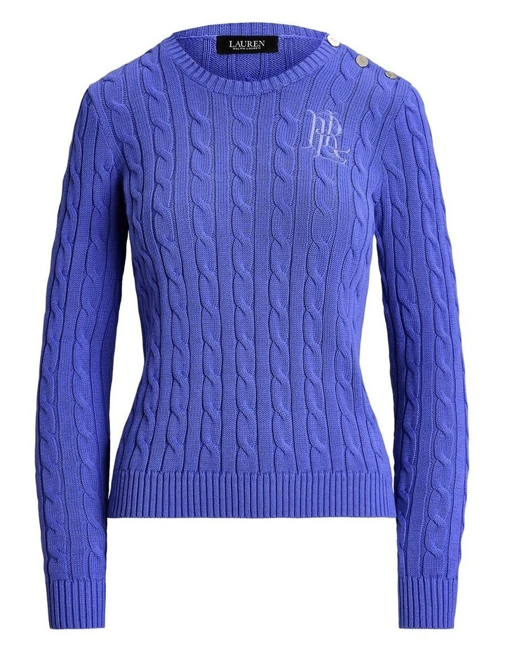 Button-Trim Cable-Knit Cotton Sweater in Purple image 4