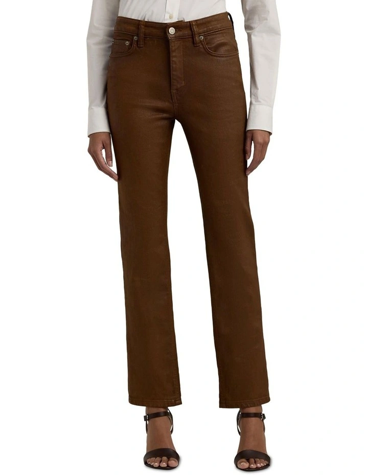 Coated High Rise Straight Ankle Jean in Brown image 1