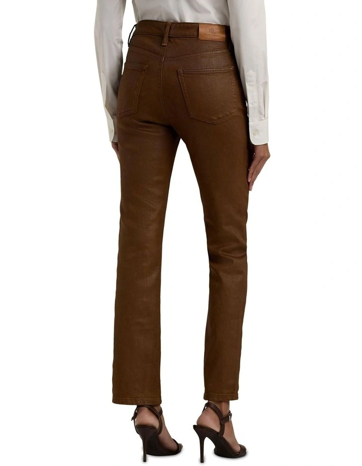 Coated High Rise Straight Ankle Jean in Brown image 2
