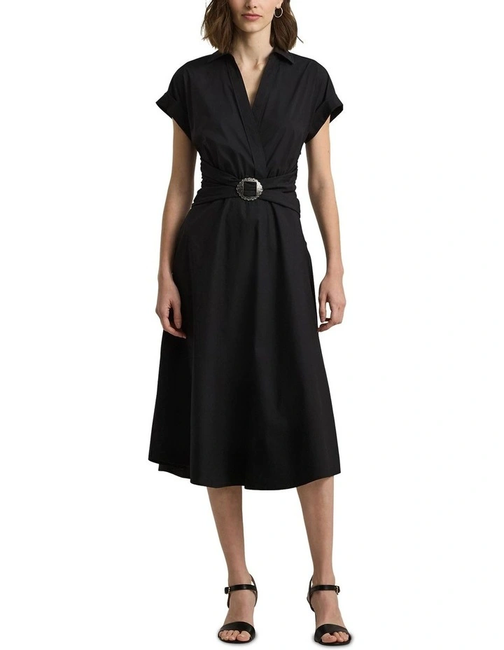 Stretch Cotton Blend Surplice Dress in Black image 1