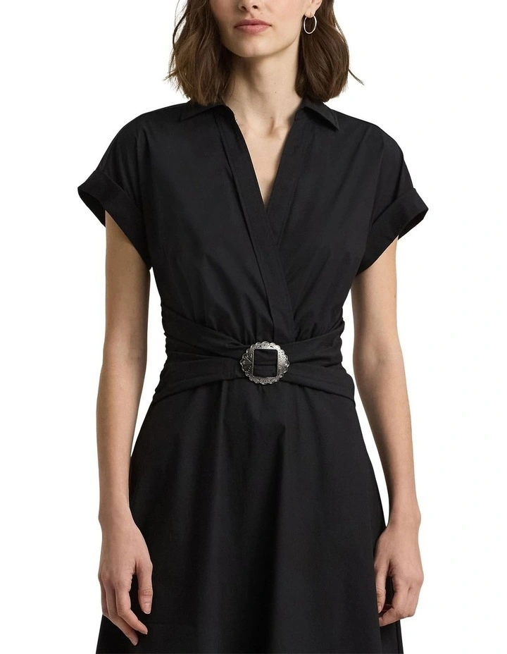 Stretch Cotton Blend Surplice Dress in Black image 3