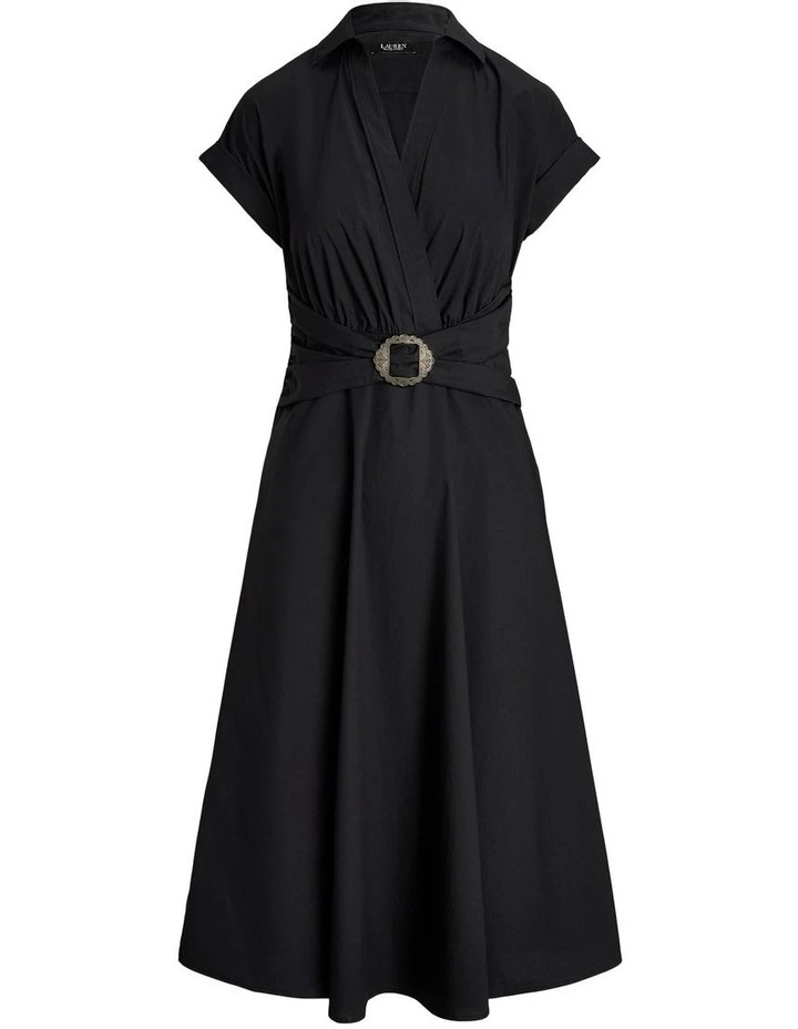 Stretch Cotton Blend Surplice Dress in Black image 4