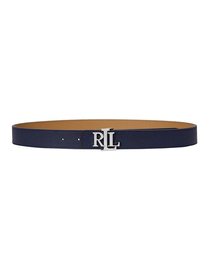 Logo Reversible Pebbled Leather Belt in Navy image 1