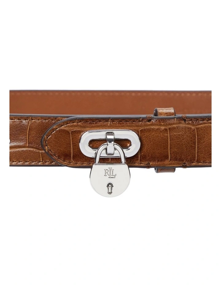 Padlock Embossed Leather Skinny Belt in Brown image 2