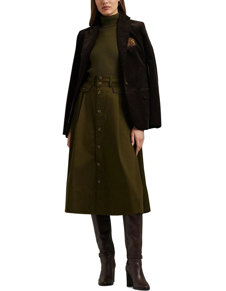 Button-Front Micro-Sanded Twill Skirt in Green image 3