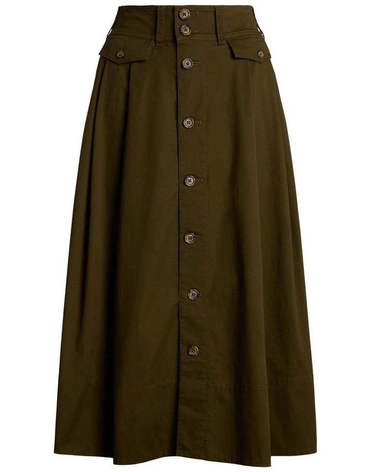 Button-Front Micro-Sanded Twill Skirt in Green image 4