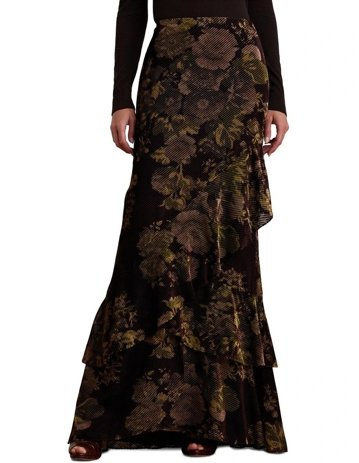 Floral Burnout Velvet Tiered Maxi Skirt in Red image 1