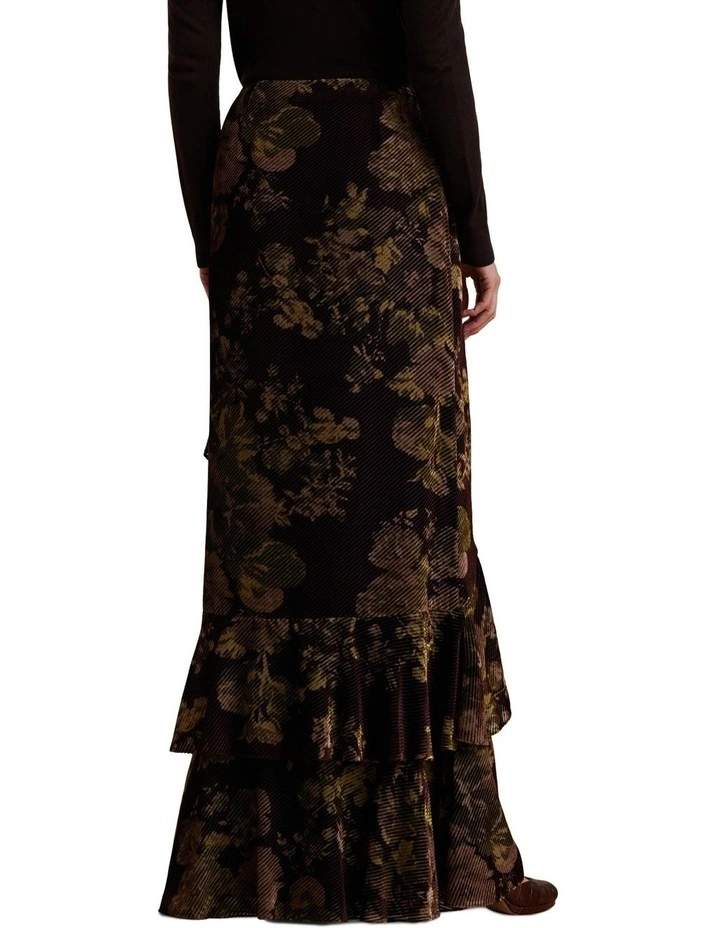 Floral Burnout Velvet Tiered Maxi Skirt in Red image 2