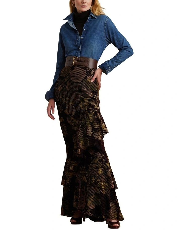 Floral Burnout Velvet Tiered Maxi Skirt in Red image 3