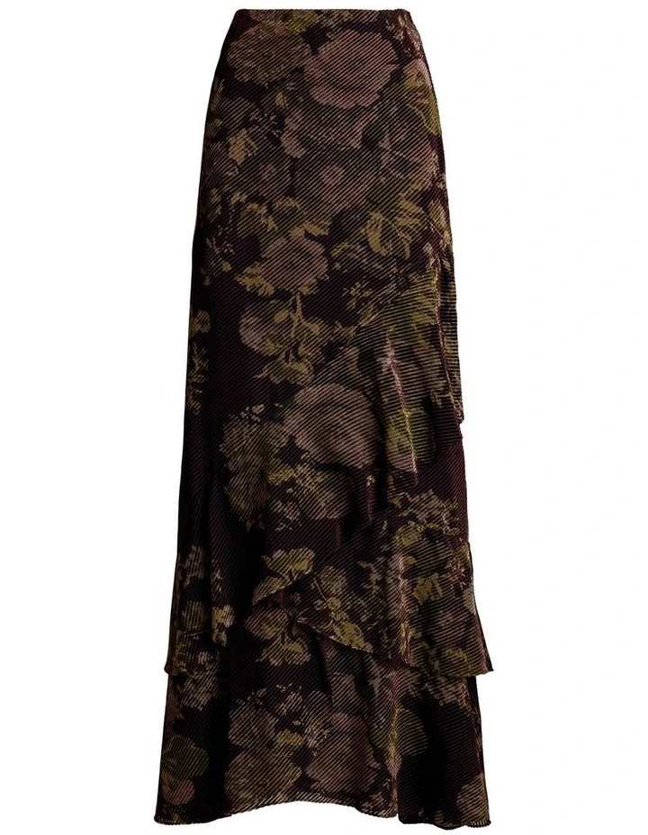 Floral Burnout Velvet Tiered Maxi Skirt in Red image 4