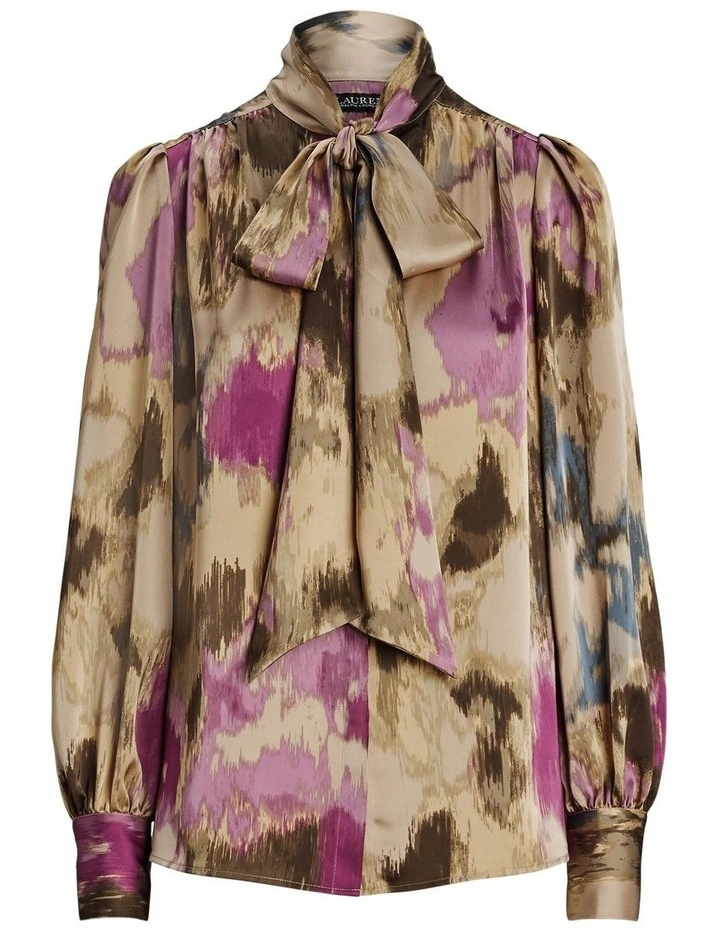 Floral Satin Charmeuse Tie-Neck Blouse in Beige image 4