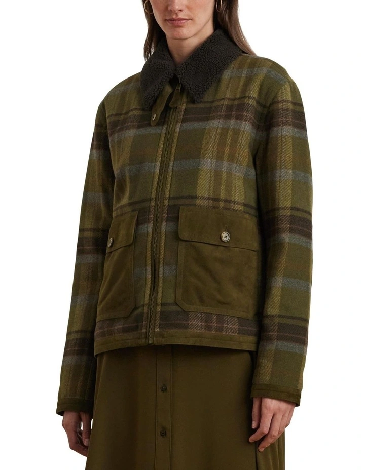 Plaid Suede-Trim Twill Bomber Jacket in Green image 1
