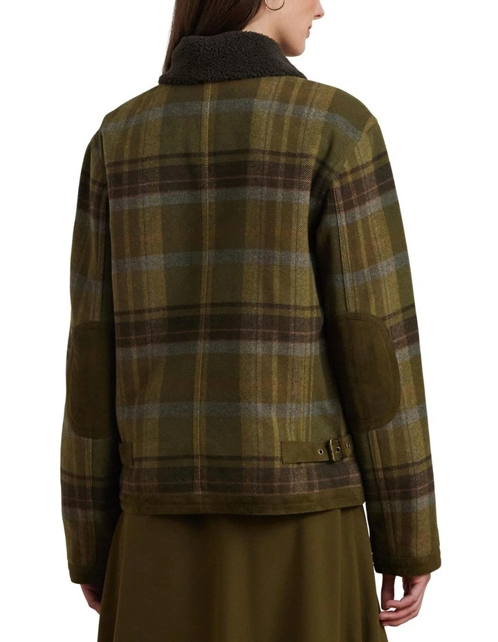 Plaid Suede-Trim Twill Bomber Jacket in Green image 2