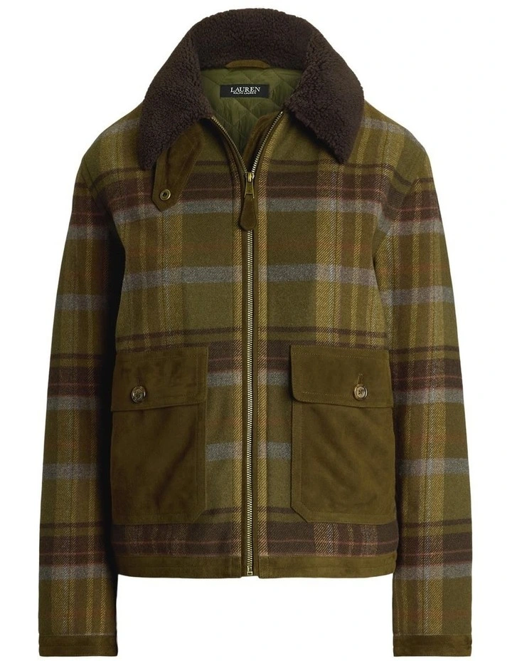 Plaid Suede-Trim Twill Bomber Jacket in Green image 4