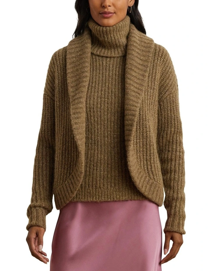 Rib-Knit Shawl-Collar Cardigan in Khaki image 1