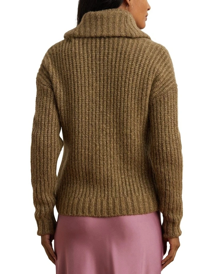 Rib-Knit Shawl-Collar Cardigan in Khaki image 2