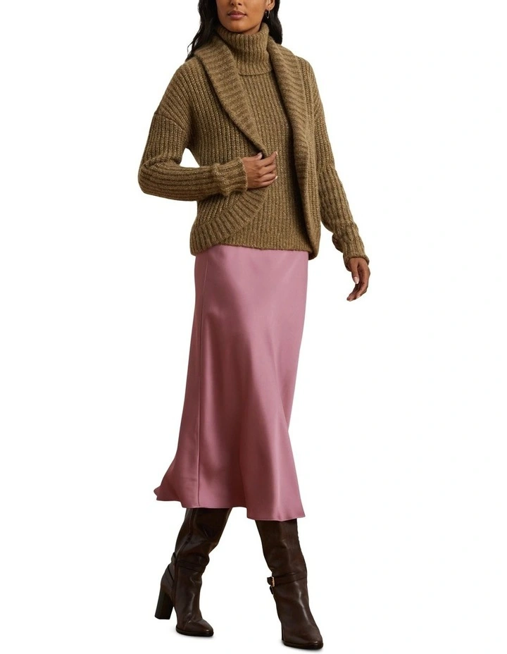 Rib-Knit Shawl-Collar Cardigan in Khaki image 3