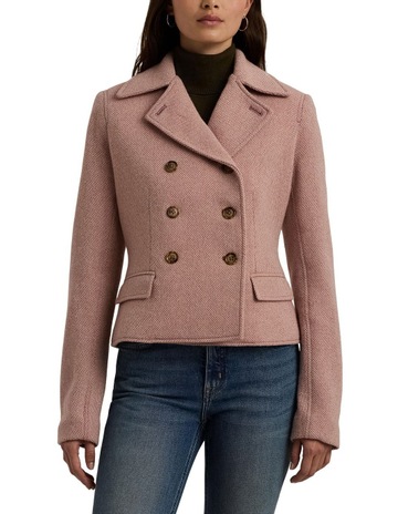 Double-Breasted Herringbone Coat in Pink