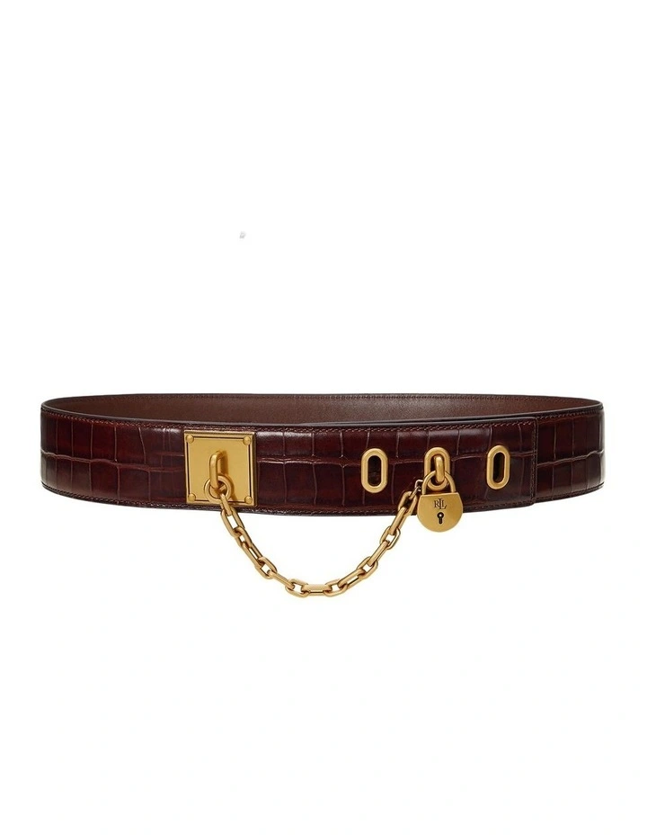Croc-Embossed Chain Padlock Wide Belt in Brown image 1