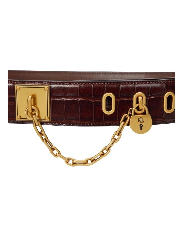 Croc-Embossed Chain Padlock Wide Belt in Brown image 2