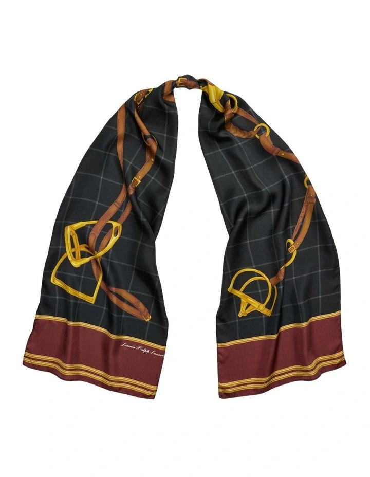 Belting-Print Windowpane Silk Scarf in Black image 1