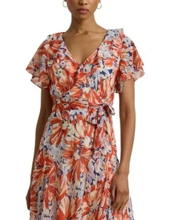 Floral Georgette Flutter-Sleeve Dress