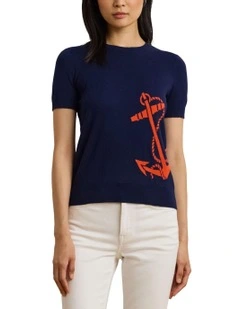 Intarsia-Knit Short-Sleeve Sweater