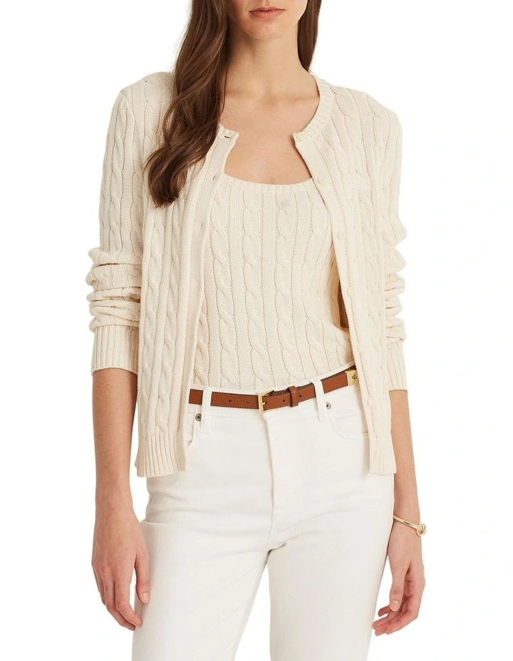 Cable-Knit Cotton Cardigan Sweater in Cream image 1