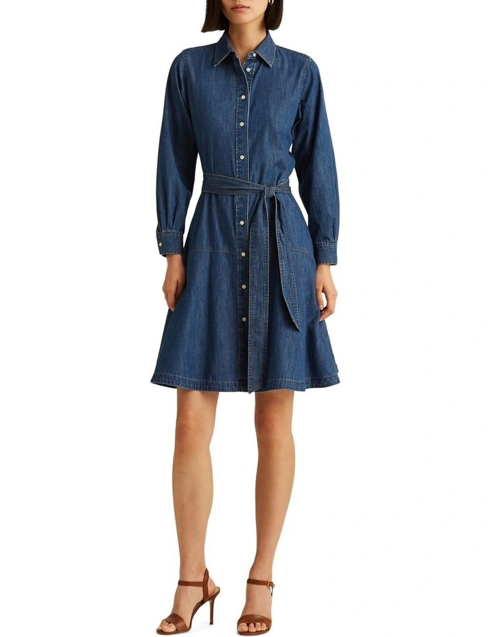 Belted Denim Shirtdress in Blue image 3
