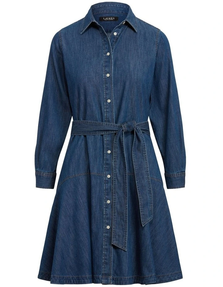 Belted Denim Shirtdress in Blue image 4