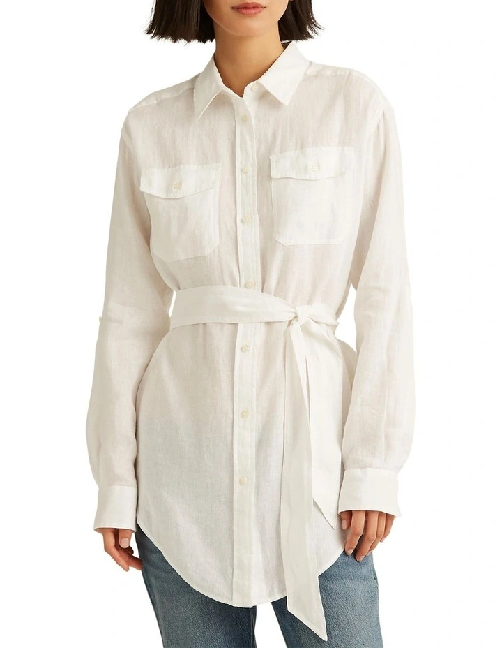 Belted Linen Shirt in White image 1