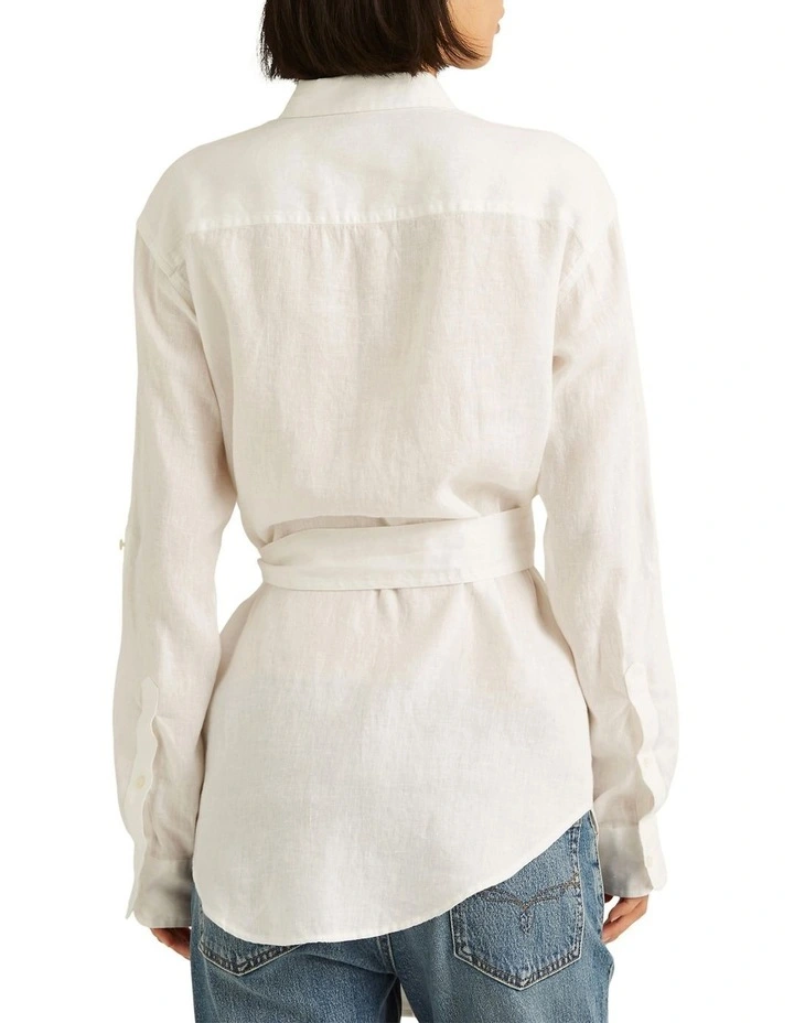 Belted Linen Shirt in White image 2