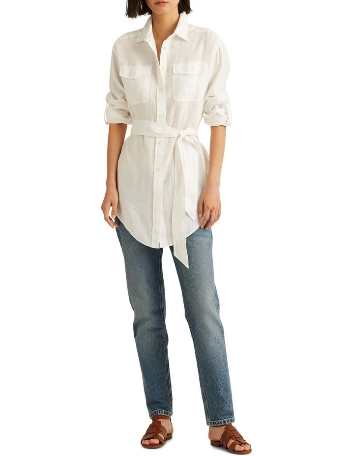 Belted Linen Shirt in White image 3